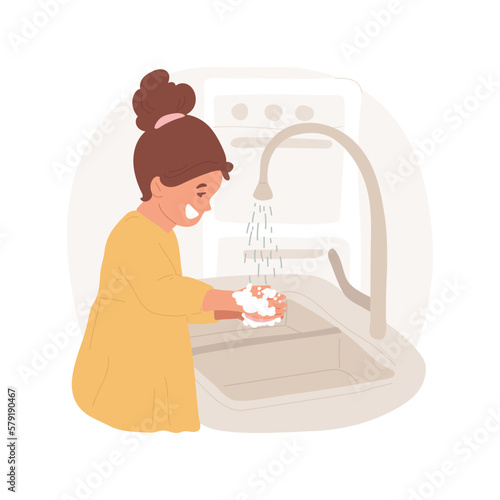 Wash hands isolated cartoon vector illustration. Smiling kid washes hands with soap before meal, stop spreading coronavirus, family lifestyle, children hygiene rules vector cartoon.