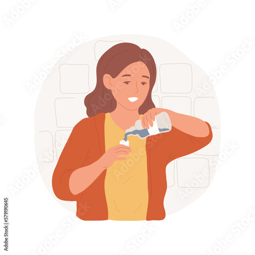 Mouthwash isolated cartoon vector illustration. Young woman with mouthwash in the bathroom, dental liquid, people teeth hygiene rules, health care, caries diseases prevention vector cartoon.