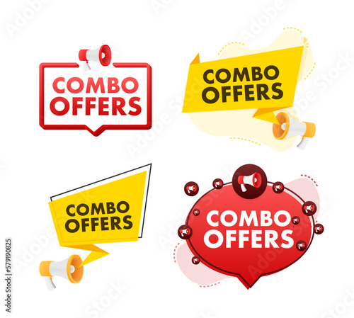 Megaphone label set with text Combo offers. Megaphone in hand promotion banner. Marketing and advertising