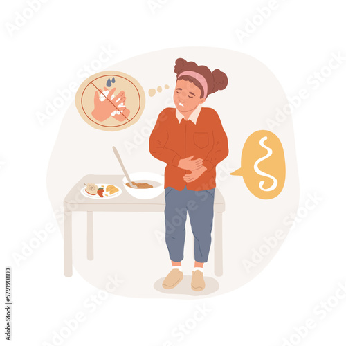 Tapeworms isolated cartoon vector illustration. Sad child with tapeworms holds on to the belly, lack of personal body hygiene, nutrition problems, intestinal parasites vector cartoon.