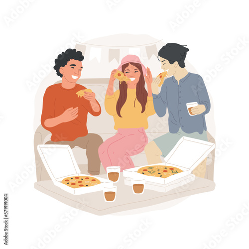 Home pizza party isolated cartoon vector illustration. Group of teenagers eating pizza together, enjoying favorite food, adolescent meal preference, friends hangout at home vector cartoon.