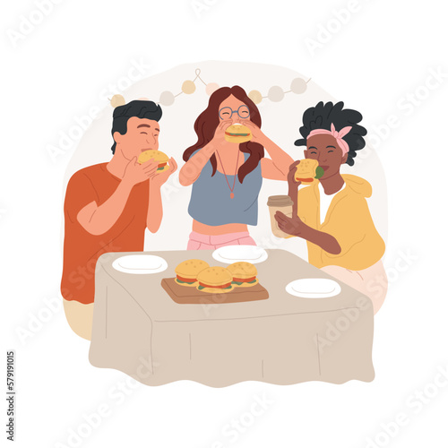 Burger place isolated cartoon vector illustration. Teenage friends laughing and eating burgers together, adolescent meal preference, smiling teens hangout at restaurant vector cartoon.