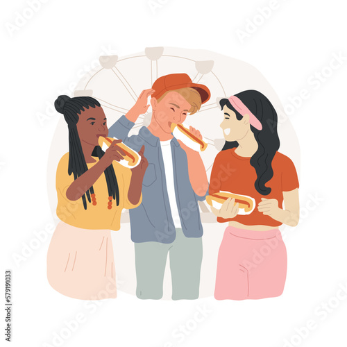Hot dog stall isolated cartoon vector illustration. Teenage friends eating hot dogs at amusement park, adolescent meal preferences and habits, smiling guys hangout together vector cartoon.