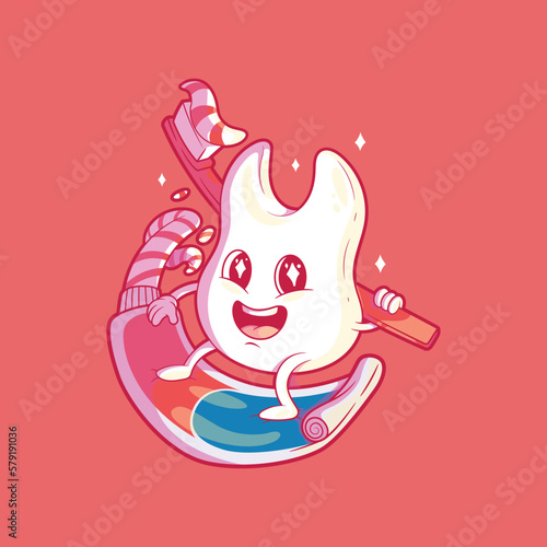 Tooth character surfing a toothpaste tube vector illustration. Health, dentist, funny design concept.
