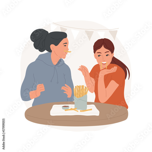 French fries isolated cartoon vector illustration. Girl grimacing and having fun with french fries, teenagers eating junk food, adolescent meal preferences and habits vector cartoon.