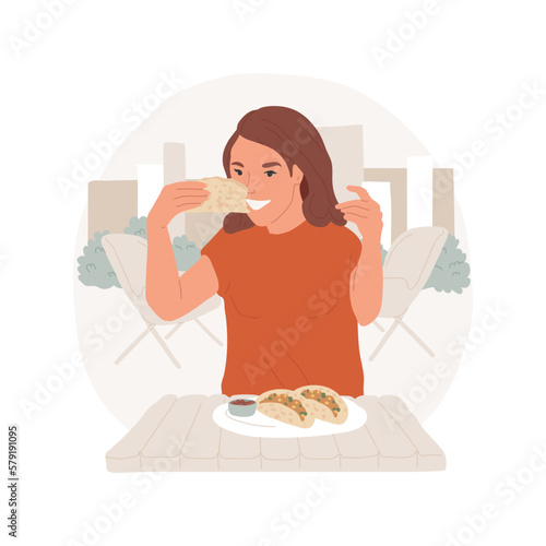 Street tacos isolated cartoon vector illustration. Attractive girl sitting at outdoor terrace and eating delicious tacos, teenagers eating habits, teen enjoying junk food vector cartoon.