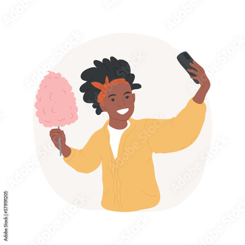 Cotton candy isolated cartoon vector illustration. Girl making selfie with cotton candy, teenage eating habits, adolescent meal preference, teen having hangout at amusement park vector cartoon.