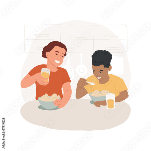 Healthy breakfast isolated cartoon vector illustration. Guys eating cereals and drinking orange juice, teens having breakfast, adolescent meal preference, enjoying healthy food vector cartoon.