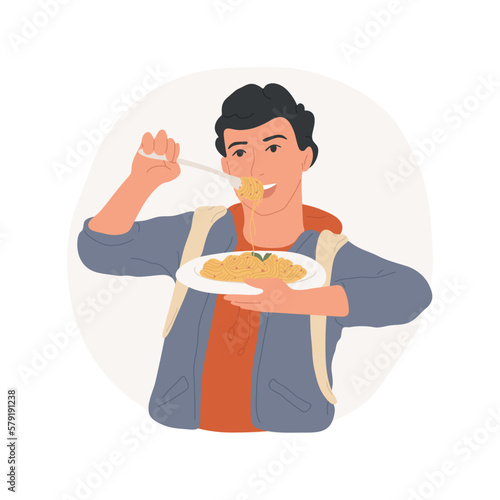 Hungry after school isolated cartoon vector illustration. Hungry boy eating spaghetti after school, teenage eating habits, adolescent meal preference, brutal appetite mood vector cartoon.