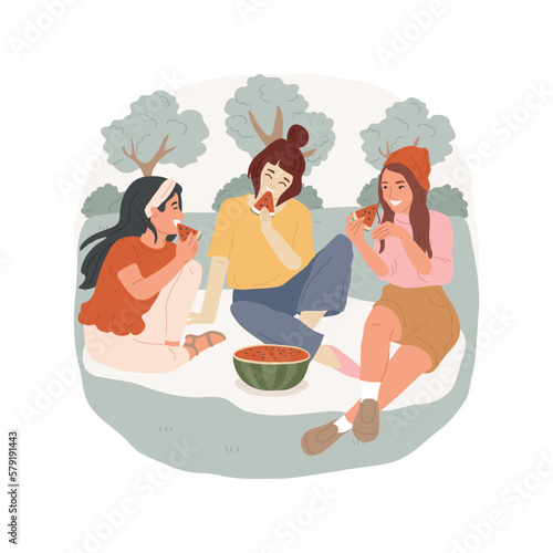 Eating fruit isolated cartoon vector illustration. Group of teens eating watermelon together, girls choosing healthy lifestyle, guys enjoying fruit and having fun in summer vector cartoon.