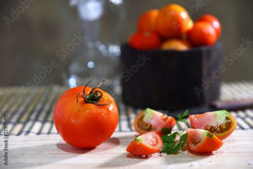red tomatoes, healthy natural fruit, vegan salad