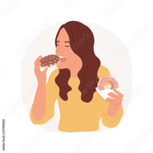 Sugar addiction isolated cartoon vector illustration. Teenage girl enjoying too many sweets, teens bad habits, sweets addiction, impossible to resist eating dessert vector cartoon.