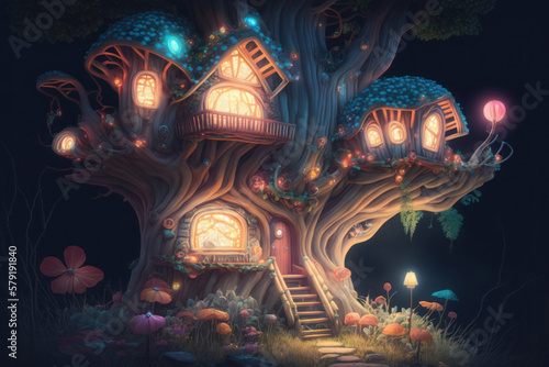 fantastic, fabulous tree house in the forest. glowing windows, mushrooms and butterflies. ai generative © Svetlana