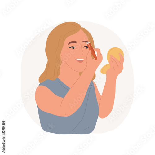 Eyebrow correction isolated cartoon vector illustration. Smiling teen drawing perfect eyebrow shape, holding tweezers in hand, girl making beauty procedures at home vector cartoon.