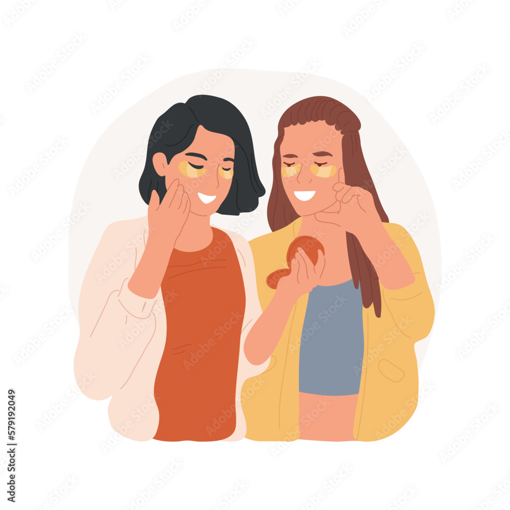 Applying patches isolated cartoon vector illustration. Teenager girls friends meeting, leisure time in the room together, young ladies using patches, girls beauty care vector cartoon.