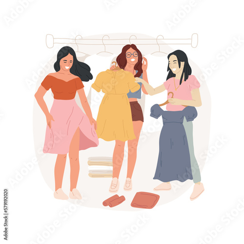 Try on clothes isolated cartoon vector illustration. Hanging out and trying on clothes, woman choosing dress, leisure time with girls, teenagers meeting, casual and stylish look vector cartoon.