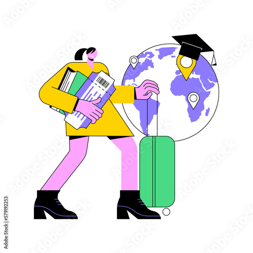 Exited about studies isolated cartoon vector illustrations. Smiling girl holding a world globe and tickets, happy about studies, education at a university college abroad vector cartoon.