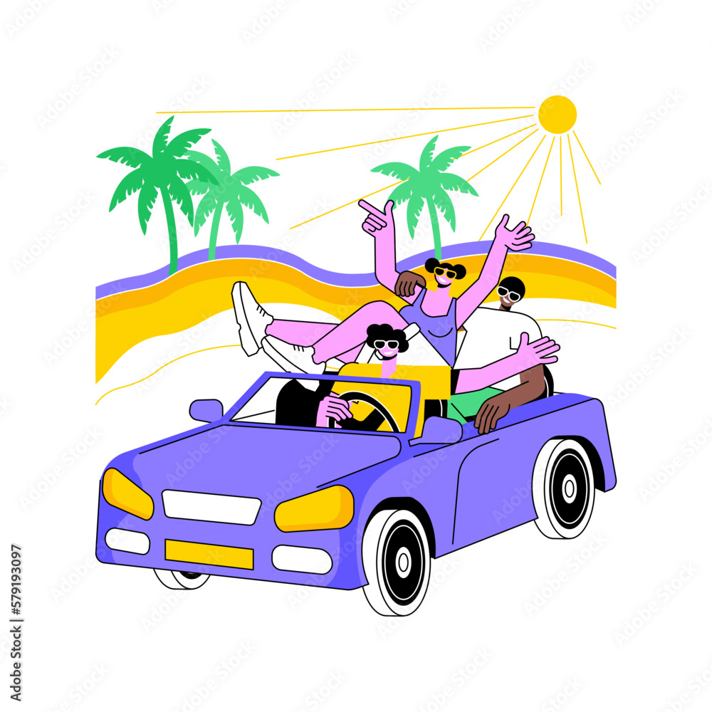 Summertime trip isolated cartoon vector illustrations. Group of friends driving in cabrio along the shore, taking selfie together, people lifestyle, summer road trip adventure vector cartoon.