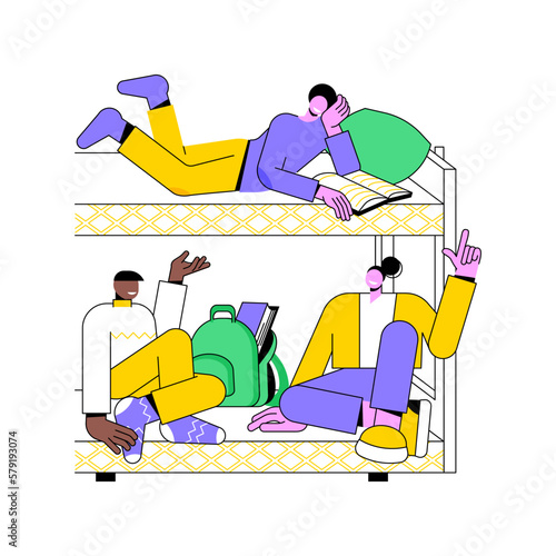 Meeting new roommates isolated cartoon vector illustrations. Group of newly minted students have discussion in the room, admission process, have fun with friends in dorm vector cartoon.