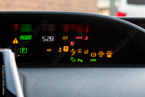 Car dashboard with all warning lights turned on 
