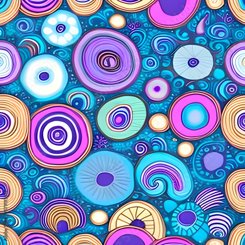 A whimsical and playful seamless pattern featuring abstract lines and shapes in shades of pink and purple. Generative AI