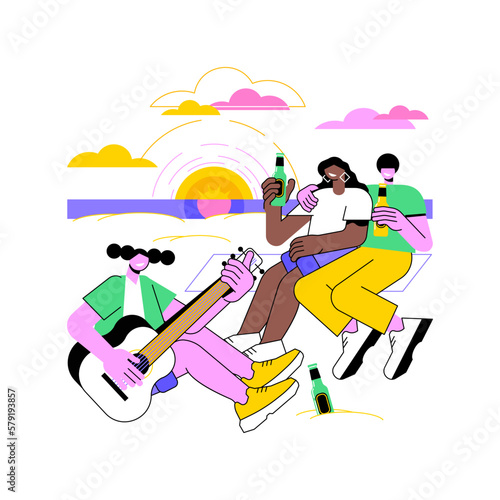 Sunset time isolated cartoon vector illustrations. Group of young friends have fun at sunset, drinking beer and playing guitar together, summer vacation, travelling time vector cartoon.