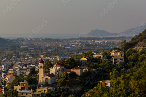 Fotografiet Zakinthos Port as seen from above on a hilltop.