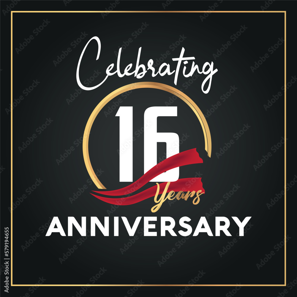 Obraz premium 16th year anniversary celebration logo with elegance golden ring and white color font numbers isolated vector design
