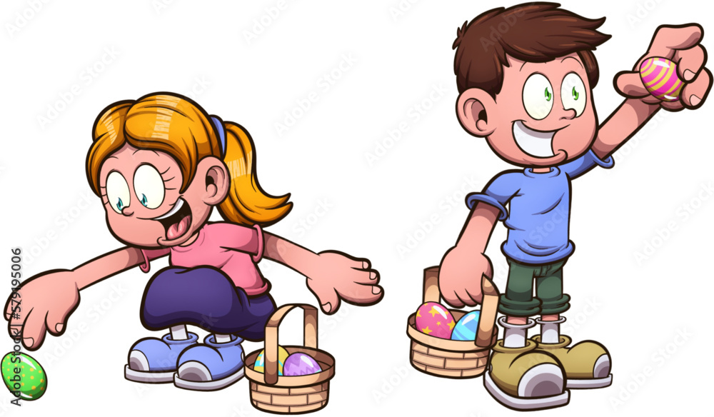 Cartoon Kids Searching For Easter Eggs. Vector clip art illustration