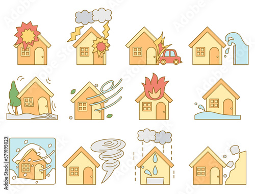 火災保険の挿し絵などに使える災害をイメージしたイラストのセット　線画とカラーを組み合わせたバージョン