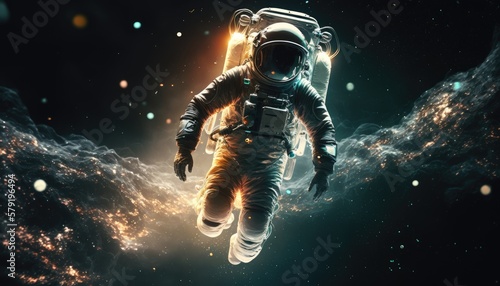Astronaut floating in outer space. Zero gravity alien spacesuit in cosmos, universe, galaxy background.