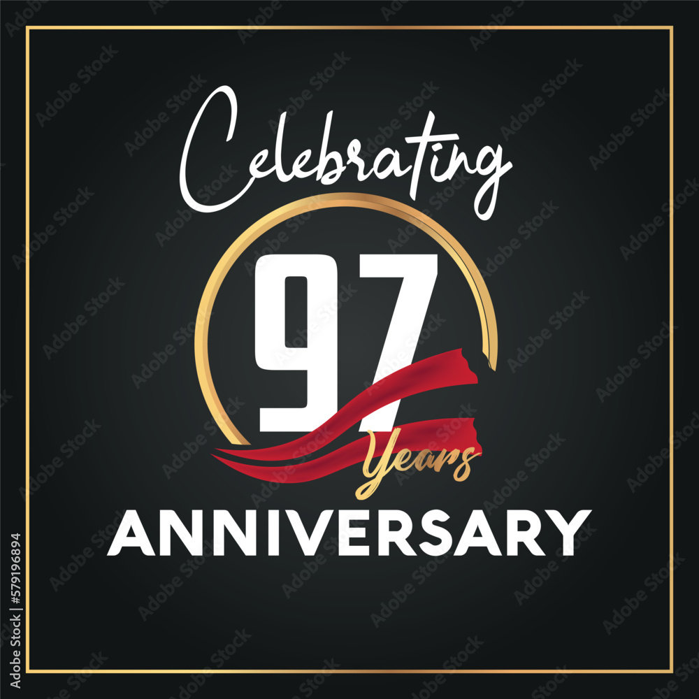 Obraz premium 97th year anniversary celebration logo with elegance golden ring and white color font numbers isolated vector design