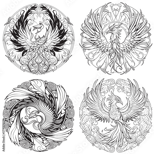 A majestic Phoenix illustration in a stylish composition. Adult coloring book pages made freehand with doodle and Zentangle elements., Vector  illustration