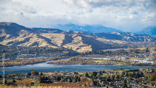 Cascade mountain range and the Columbia river seen from Wenatchee, Washington