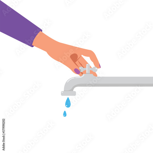 Hand closes a water tap, Svae water, Eco-friendly and saving water concept. 