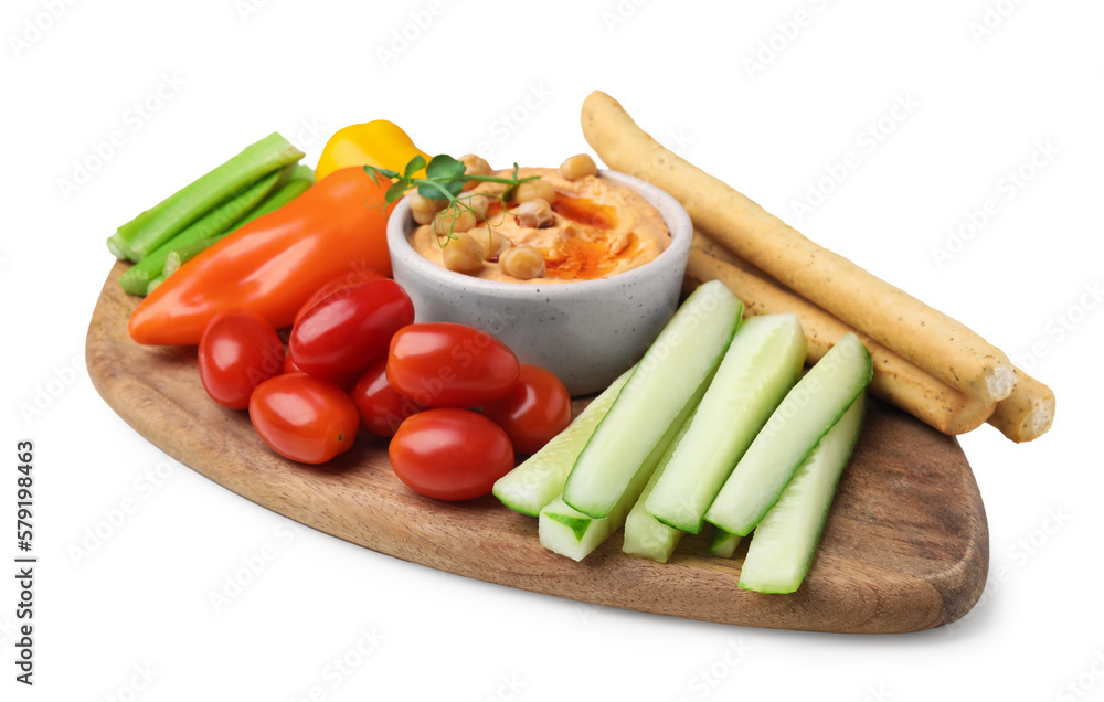Board with delicious hummus, grissini sticks and fresh vegetables on white background Board with delicious hummus, grissini sticks and fresh vegetables on white background