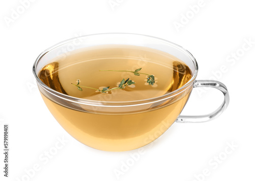 Cup of aromatic herbal tea and fresh thyme isolated on white