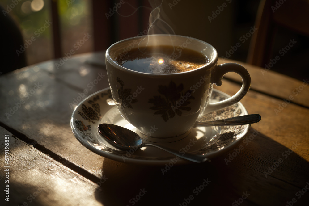 cup of coffee in warm sunlight created with Generative AI technology cup of coffee in warm sunlight created with Generative AI technology