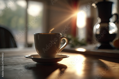 cup of coffee in warm sunlight created with Generative AI technology