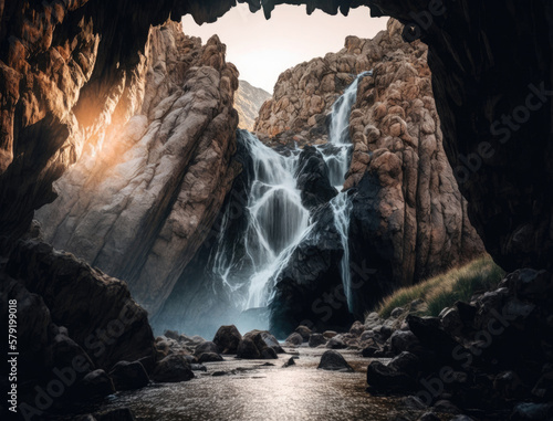Illustration of majestic waterfall cascading down a rocky cliff created with Generative AI technology.
