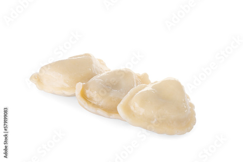 Delicious dumplings (varenyky) with tasty filling on white background