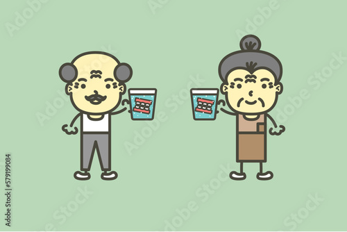 senior man and woman are holding denture or false teeth in water glass - dental cartoon vector flat style