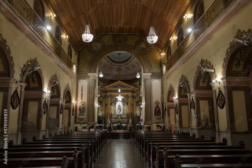 Interior da Igreja Sr Bom Jesus de Pirapora - PIRAPORA DO BOM JESUS, SP, BRAZIL - JANUARY 15, 2023: Beautiful interior of the historic Parish Sanctuary of Senhor Bom Jesus de Pirapora, built in 1887.