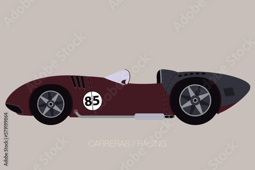 old racing car, side view, flat design style