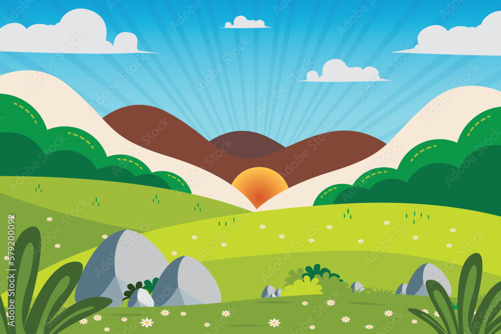 Fototapeta premium Spring Season Rural Landscape Banner Illustration.