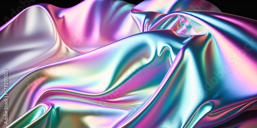 Abstract colorful smooth wavy elegant holographic silk cloth texture design, dynamic shiny luxury metallic satin fabric wave background, Ai generated