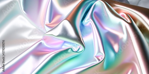 Abstract colorful smooth wavy elegant holographic silk cloth texture design, dynamic shiny luxury metallic satin fabric wave background, Ai generated