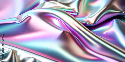 Abstract colorful smooth wavy elegant holographic silk cloth texture design, dynamic shiny luxury metallic satin fabric wave background, Ai generated