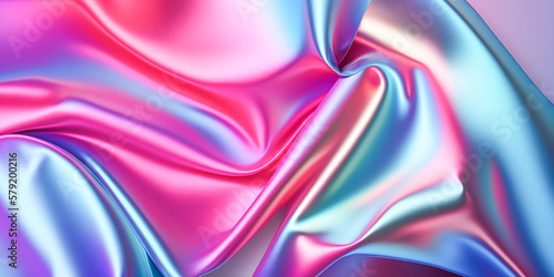 Abstract colorful smooth wavy elegant holographic silk cloth texture design, dynamic shiny luxury metallic satin fabric wave background, Ai generated
