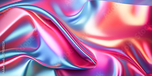 Abstract colorful smooth wavy elegant holographic silk cloth texture design, dynamic shiny luxury metallic satin fabric wave background, Ai generated